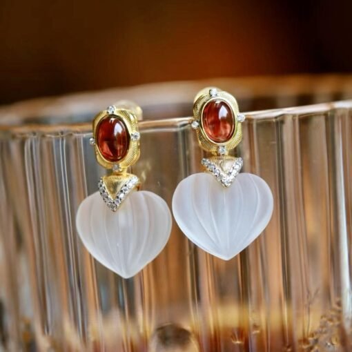 Natural Quartz with Garnet Teardrop Earrings silver/Unique Chunky Quartz Drop Earrings Women/Art Deco Vintage Statement Quartz Earrings Gold - Image 7
