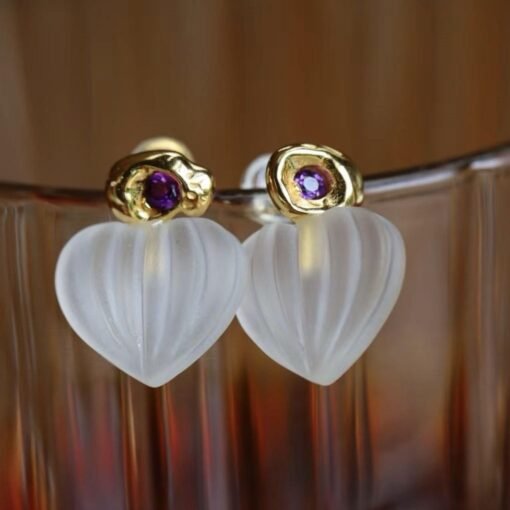 Natural Quartz with Amethyst Teardrop Earrings silver/Unique Chunky Quartz Drop Earrings Women/Art Deco Modern Statement Quartz Earrings - Image 2
