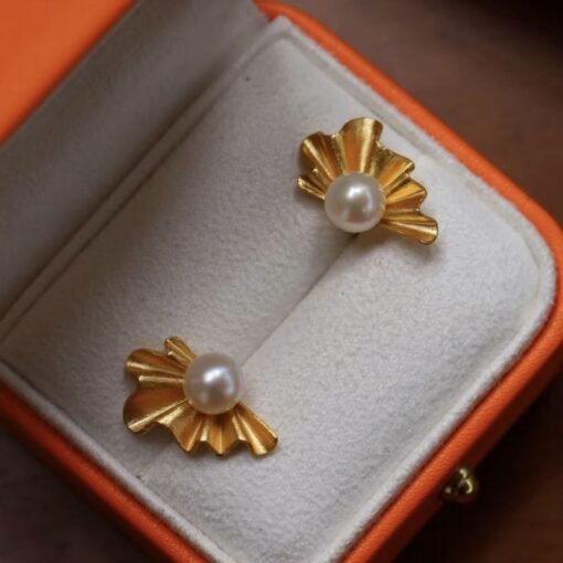 Vintage Petal pearl stud earrings gold plated silver|Real Pearl Studs Earrings gold|Antique Floral Pearl Earrings|Handmade Gemstone Earrings - Image 5