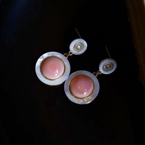 Genuine Pink Queen Conch Shell drop earring silver|Statement Pink Gemstone Jewelry|Unique Earring For Her|Vintage Halo stud Earrings women - Image 5