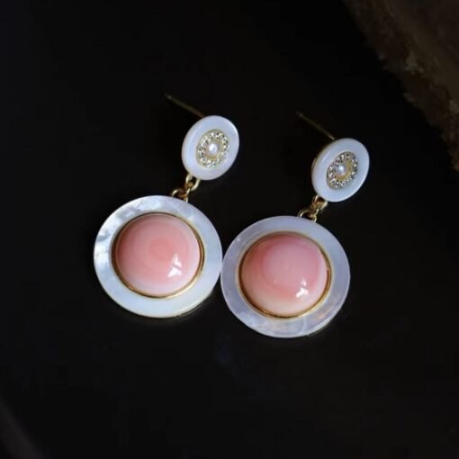 Genuine Pink Queen Conch Shell drop earring silver|Statement Pink Gemstone Jewelry|Unique Earring For Her|Vintage Halo stud Earrings women - Image 2