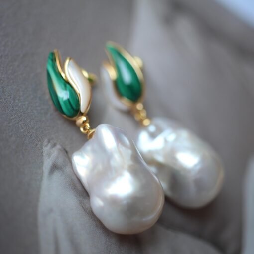 Natural Pearl Drop Earrings With Malachite|Statement Modern Pearl Drop|Natural Hand Carved Gemstone Earrings|Unique June Birthstone Gift - Image 3