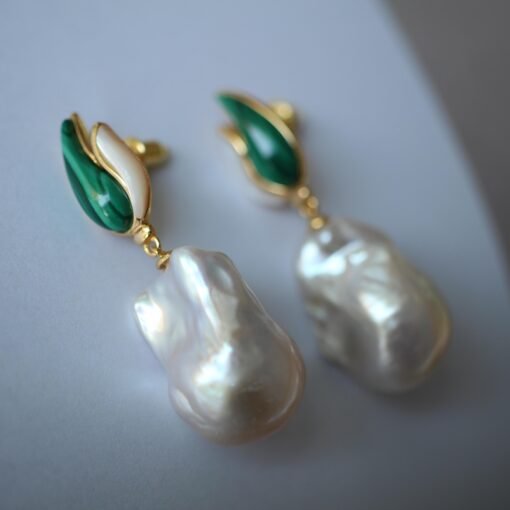 Natural Pearl Drop Earrings With Malachite|Statement Modern Pearl Drop|Natural Hand Carved Gemstone Earrings|Unique June Birthstone Gift - Image 2