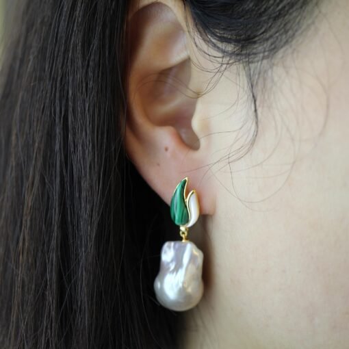 Natural Pearl Drop Earrings With Malachite|Statement Modern Pearl Drop|Natural Hand Carved Gemstone Earrings|Unique June Birthstone Gift - Image 4