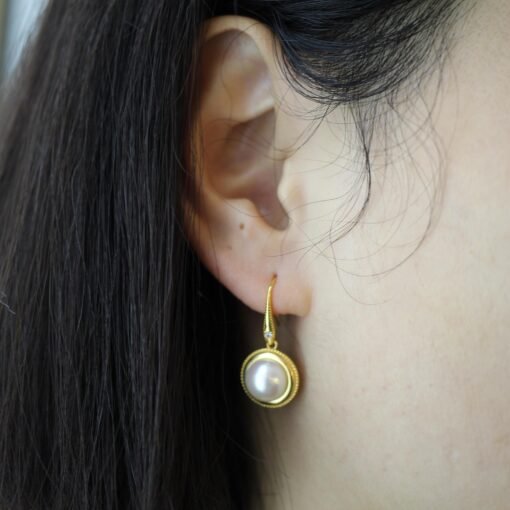 Unique Freshwater Pearl Drop Earrings gold plated silver|Natural Real Pearl Earrings|Vintage Pearl Earrings|Bezel Pearl Drop Earrings women - Image 4