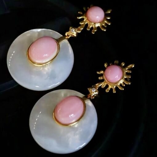 Genuine Pink Queen Conch Shell drop earring silver|Statement Pink Gemstone Jewelry|Unique Earring For Her|Vintage Halo stud Earrings women - Image 2