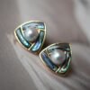Natural Akoya Pearl stud Earrings Silver|Pedal pearl earrings|handmade Pearl studs|Statement art deco Pearl stud|Triangle design pearl studs