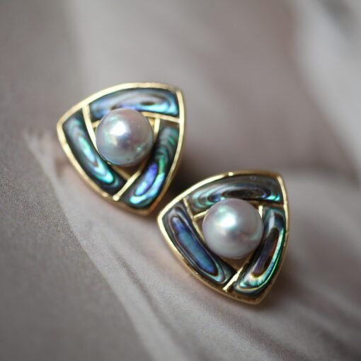 Natural Akoya Pearl stud Earrings Silver|Pedal pearl earrings|handmade Pearl studs|Statement art deco Pearl stud|Triangle design pearl studs