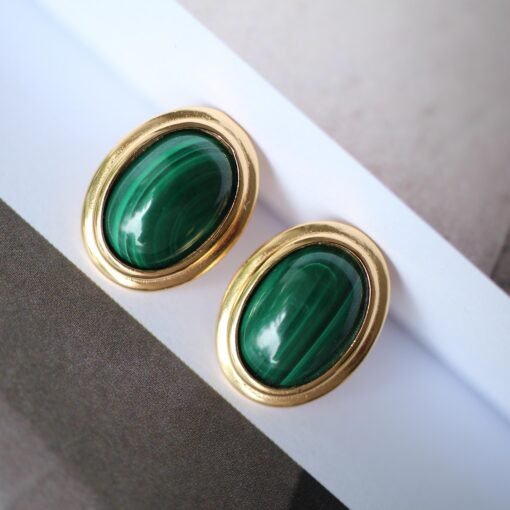 Natural Malachite Studs Earring silver|Statement Oval Malachite Jewelry|Bezel Vintage Malachite Stud|Green Gemstone Earringbridesmaids gift - Image 3