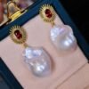 Natural Pearl Drop Earrings With Garnet Silver|Statement Modern Pearl Drop/Art deco Pearl Drop Women|Unique June Birthstone Gift