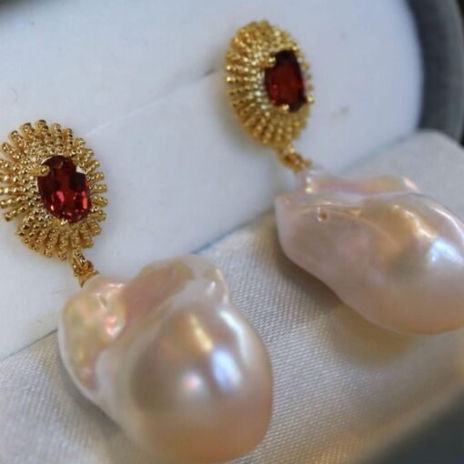 Natural Pearl Drop Earrings With Garnet Silver|Statement Modern Pearl Drop/Art deco Pearl Drop Women|Unique June Birthstone Gift - Image 3