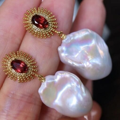Natural Pearl Drop Earrings With Garnet Silver|Statement Modern Pearl Drop/Art deco Pearl Drop Women|Unique June Birthstone Gift - Image 8