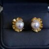 Genuine pearl stud earrings gold plated silver|Statement Vintage Pearl Earrings gold|Antique Floral Pearl Earrings|June Birthstone Earrings