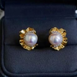 Genuine pearl stud earrings gold plated silver|Statement Vintage Pearl Earrings gold|Antique Floral Pearl Earrings|June Birthstone Earrings