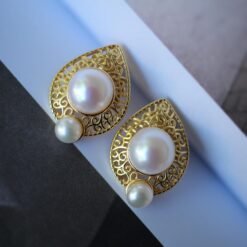 Vintage freshwater pearl stud earrings sterling silver|Real Pearl Studs Earrings gold|Antique Pearl Earrings|Hand Carved Gemstone Earrings
