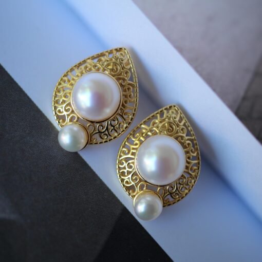 Vintage freshwater pearl stud earrings sterling silver|Real Pearl Studs Earrings gold|Antique Pearl Earrings|Hand Carved Gemstone Earrings
