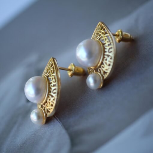 Vintage freshwater pearl stud earrings sterling silver|Real Pearl Studs Earrings gold|Antique Pearl Earrings|Hand Carved Gemstone Earrings - Image 5