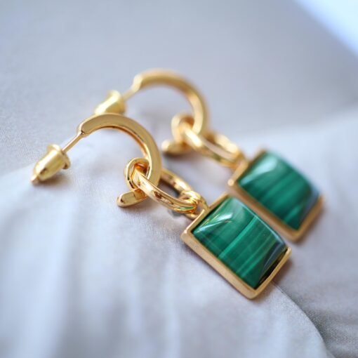 Natural Square Malachite Studs Earrings sterling silver|Vintage Malachite stud|Statement Green Studs Earrings|Antique Gemstone Earrings - Image 7