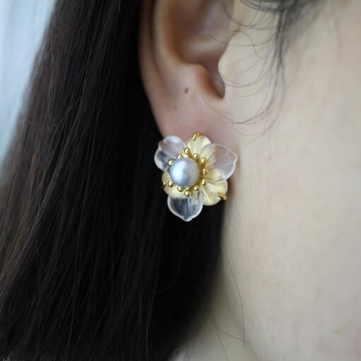 Unique Frosted Crystal Pedal Earrings Silver|Dainty Flower Studs Earrings With Pearl|Charm Pearl Jewelry|Hand Carved Quartz Studs Earrings - Image 8