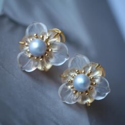 Unique Frosted Crystal Pedal Earrings Silver|Dainty Flower Studs Earrings With Pearl|Charm Pearl Jewelry|Hand Carved Quartz Studs Earrings