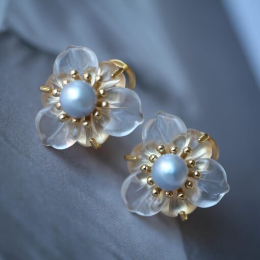 Unique Frosted Crystal Pedal Earrings Silver|Dainty Flower Studs Earrings With Pearl|Charm Pearl Jewelry|Hand Carved Quartz Studs Earrings