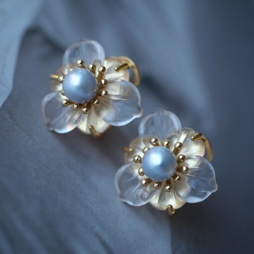 Unique Frosted Crystal Pedal Earrings Silver|Dainty Flower Studs Earrings With Pearl|Charm Pearl Jewelry|Hand Carved Quartz Studs Earrings - Image 2