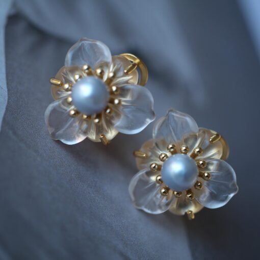 Unique Frosted Crystal Pedal Earrings Silver|Dainty Flower Studs Earrings With Pearl|Charm Pearl Jewelry|Hand Carved Quartz Studs Earrings - Image 7