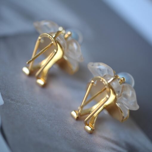 Unique Frosted Crystal Pedal Earrings Silver|Dainty Flower Studs Earrings With Pearl|Charm Pearl Jewelry|Hand Carved Quartz Studs Earrings - Image 6