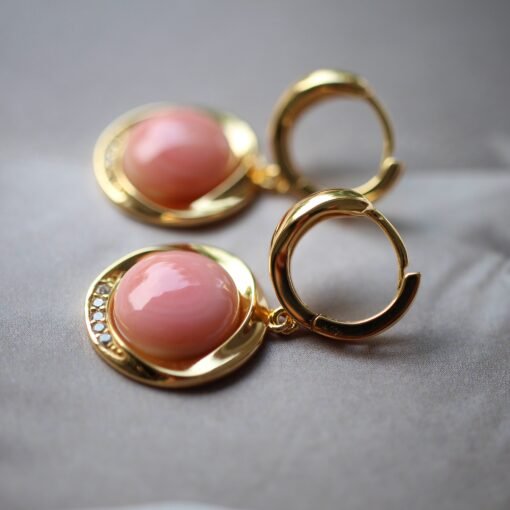 Natural Pink Queen Conch Shell drop earring gold plated silver|Untreated Pink Gemstone Jewelry|Unique Earring For Her|Bezel set drop Earring