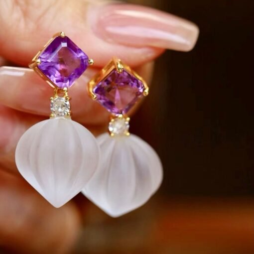 Natural Quartz with Amethyst Teardrop Earrings silver/Unique Chunky Quartz Drop Earrings Women/Art Deco Modern Statement Quartz Earrings - Image 3