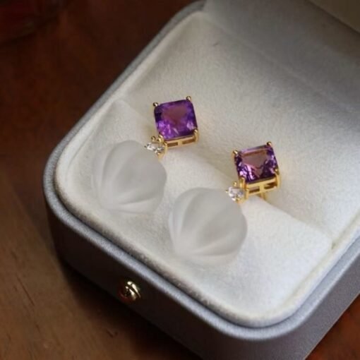 Natural Quartz with Amethyst Teardrop Earrings silver/Unique Chunky Quartz Drop Earrings Women/Art Deco Modern Statement Quartz Earrings