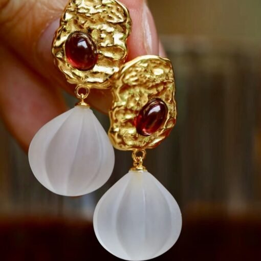 Natural Quartz with Garnet Teardrop Earrings silver/Unique Chunky Quartz Drop Earrings Women/Art Deco Vintage Statement Quartz Earrings Gold - Image 8