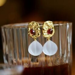 Natural Quartz with Garnet Teardrop Earrings silver/Unique Chunky Quartz Drop Earrings Women/Art Deco Vintage Statement Quartz Earrings Gold