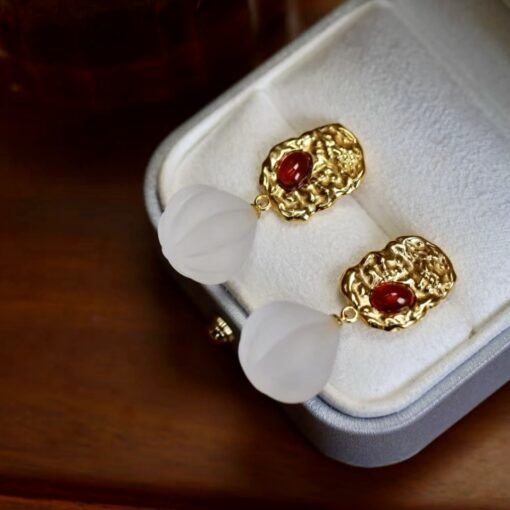 Natural Quartz with Garnet Teardrop Earrings silver/Unique Chunky Quartz Drop Earrings Women/Art Deco Vintage Statement Quartz Earrings Gold - Image 3