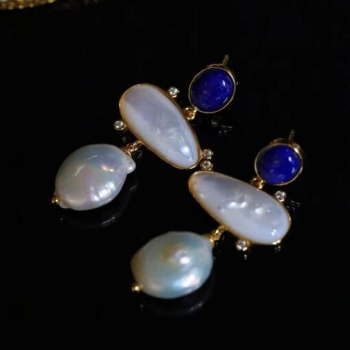 Unique Pearl Drop Earrings With Lapis Lazuli Silver|Real Pearl Studs Earrings|Vintage Statement Pearl Earrings|Natural Handmade Earrings - Image 2