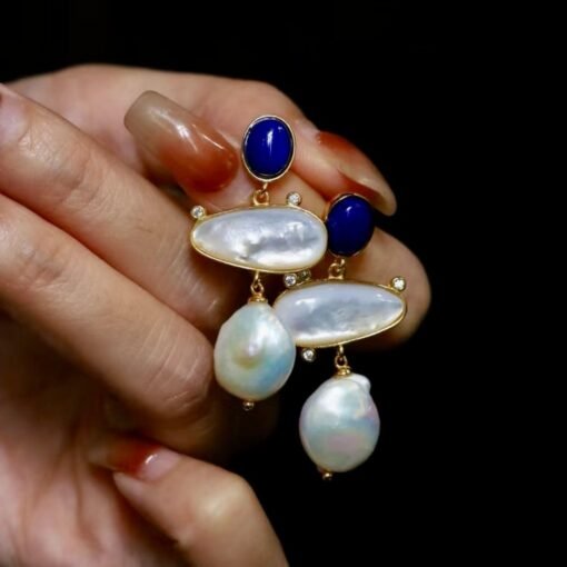 Unique Pearl Drop Earrings With Lapis Lazuli Silver|Real Pearl Studs Earrings|Vintage Statement Pearl Earrings|Natural Handmade Earrings - Image 3