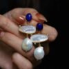 Unique Pearl Drop Earrings With Lapis Lazuli Silver|Real Pearl Studs Earrings|Vintage Statement Pearl Earrings|Natural Handmade Earrings
