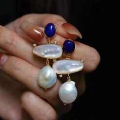 Unique Pearl Drop Earrings With Lapis Lazuli Silver|Real Pearl Studs Earrings|Vintage Statement Pearl Earrings|Natural Handmade Earrings