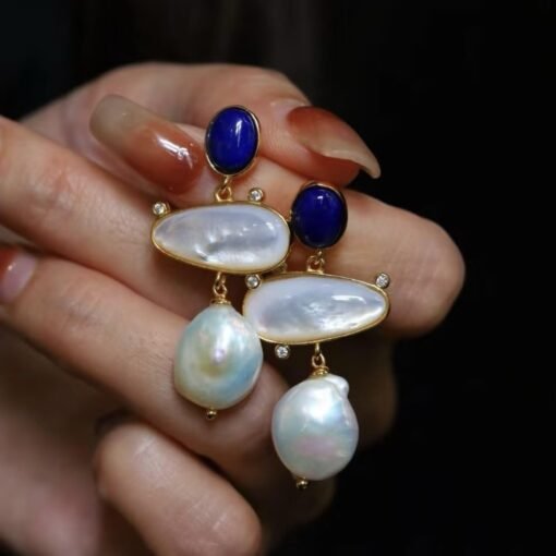 Unique Pearl Drop Earrings With Lapis Lazuli Silver|Real Pearl Studs Earrings|Vintage Statement Pearl Earrings|Natural Handmade Earrings