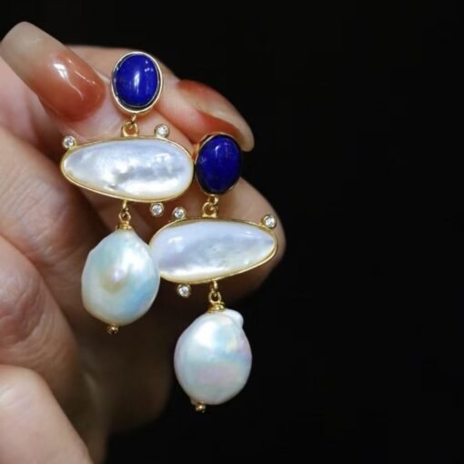 Unique Pearl Drop Earrings With Lapis Lazuli Silver|Real Pearl Studs Earrings|Vintage Statement Pearl Earrings|Natural Handmade Earrings - Image 7