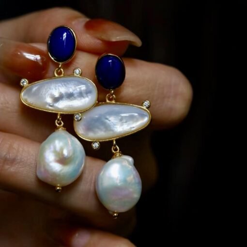 Unique Pearl Drop Earrings With Lapis Lazuli Silver|Real Pearl Studs Earrings|Vintage Statement Pearl Earrings|Natural Handmade Earrings - Image 8