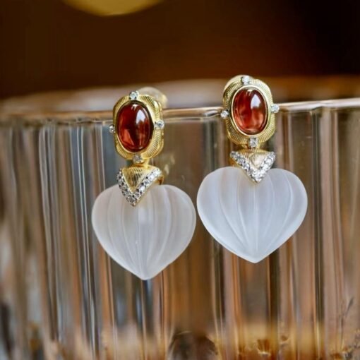 Natural Quartz with Garnet Teardrop Earrings silver/Unique Chunky Quartz Drop Earrings Women/Art Deco Vintage Statement Quartz Earrings Gold - Image 2