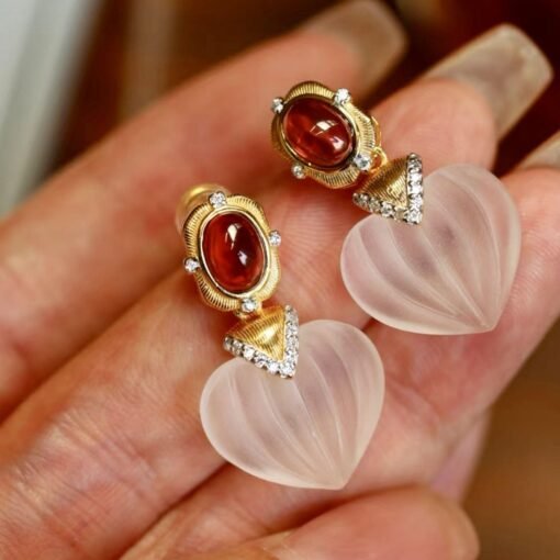 Natural Quartz with Garnet Teardrop Earrings silver/Unique Chunky Quartz Drop Earrings Women/Art Deco Vintage Statement Quartz Earrings Gold - Image 3