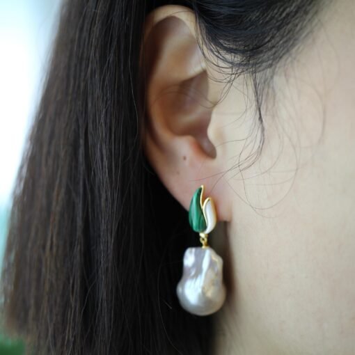 Natural Pearl Drop Earrings With Malachite|Statement Modern Pearl Drop|Natural Hand Carved Gemstone Earrings|Unique June Birthstone Gift - Image 8