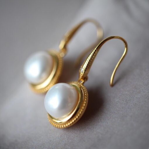 Unique Freshwater Pearl Drop Earrings gold plated silver|Natural Real Pearl Earrings|Vintage Pearl Earrings|Bezel Pearl Drop Earrings women - Image 5