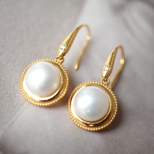 Unique Freshwater Pearl Drop Earrings gold plated silver|Natural Real Pearl Earrings|Vintage Pearl Earrings|Bezel Pearl Drop Earrings women - Image 2