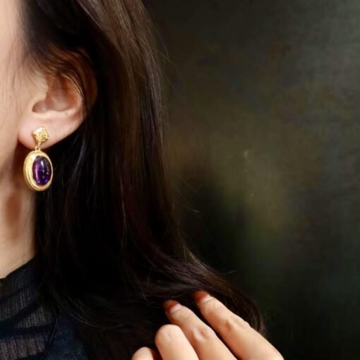 Genuine oval amethyst stud earrings women/Unique vintage amethyst studs earring/Art deco amethyst earring|Minimalist amethyst earring silver - Image 4