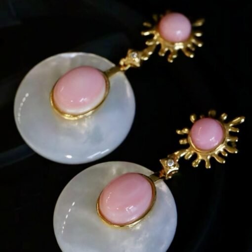 Genuine Pink Queen Conch Shell drop earring silver|Statement Pink Gemstone Jewelry|Unique Earring For Her|Vintage Halo stud Earrings women - Image 7
