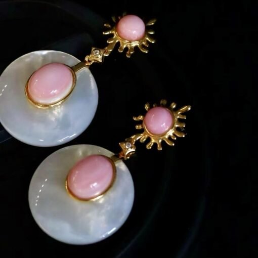 Genuine Pink Queen Conch Shell drop earring silver|Statement Pink Gemstone Jewelry|Unique Earring For Her|Vintage Halo stud Earrings women - Image 5