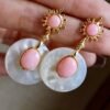 Genuine Pink Queen Conch Shell drop earring silver|Statement Pink Gemstone Jewelry|Unique Earring For Her|Vintage Halo stud Earrings women